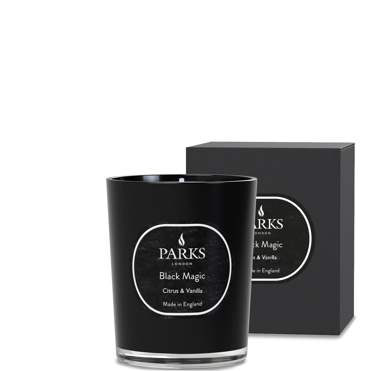 Black candle with 'Parks London' label and matching packaging on a white background