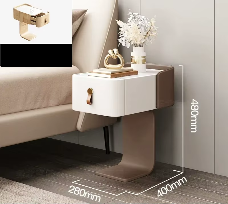 Modern nightstand with measurements next to a bed