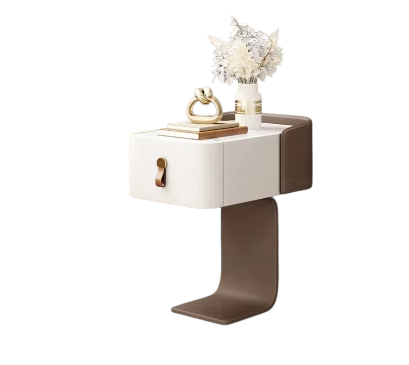 Modern side table with a white drawer and brown base on a white background