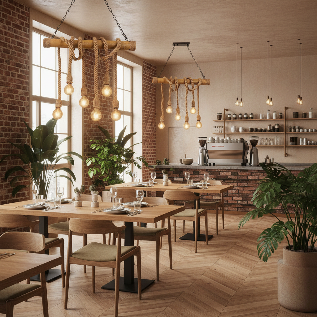 Modern restaurant interior with wooden tables, chairs, and pendant lights.