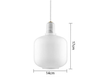 White pendant light with dimensions indicated on a white background