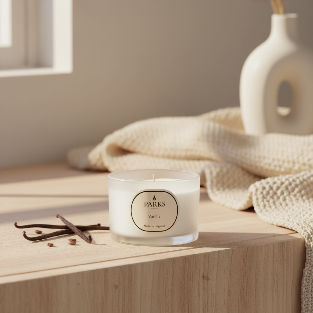 Vanilla candle with 'PARKS' branding on a wooden surface with vanilla beans and a vase in the background.