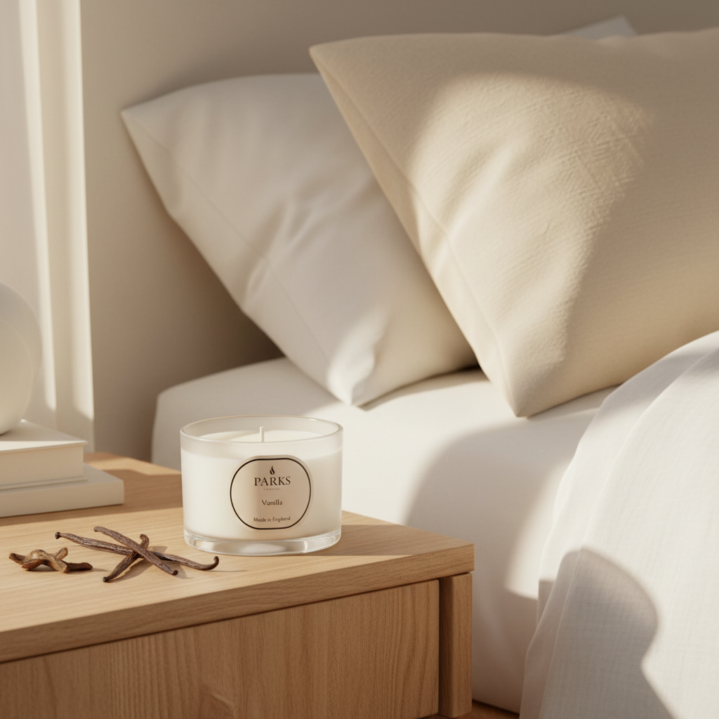 Parks Vanilla candle on a bedside table with pillows in the background