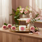 Candle with pink label on a decorative tray surrounded by flowers on a wooden surface.