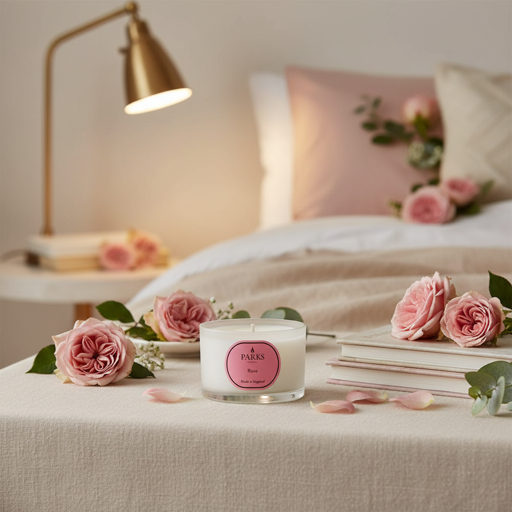 Candle with a pink label on a bed surrounded by pink roses and green leaves.