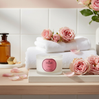 Candle with a pink label on a wooden surface with white towels and pink roses.