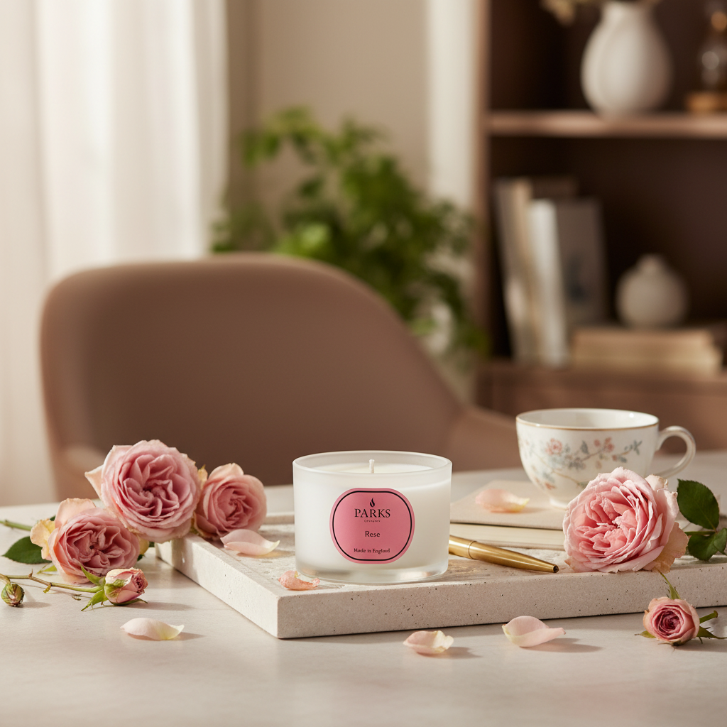 Candle with pink label on a wooden tray surrounded by pink roses and a teacup in a cozy room setting.