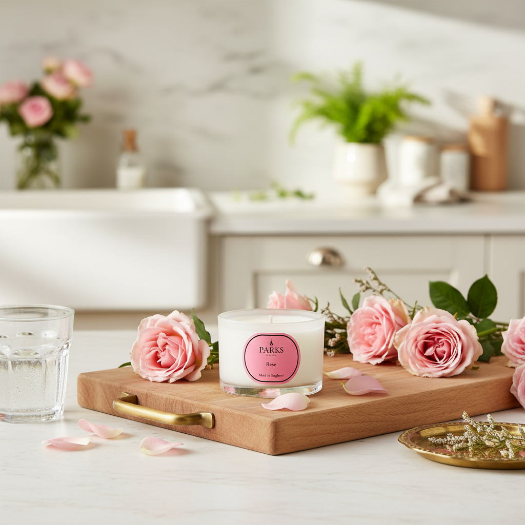 Candle with a pink label on a wooden tray surrounded by pink roses in a kitchen setting