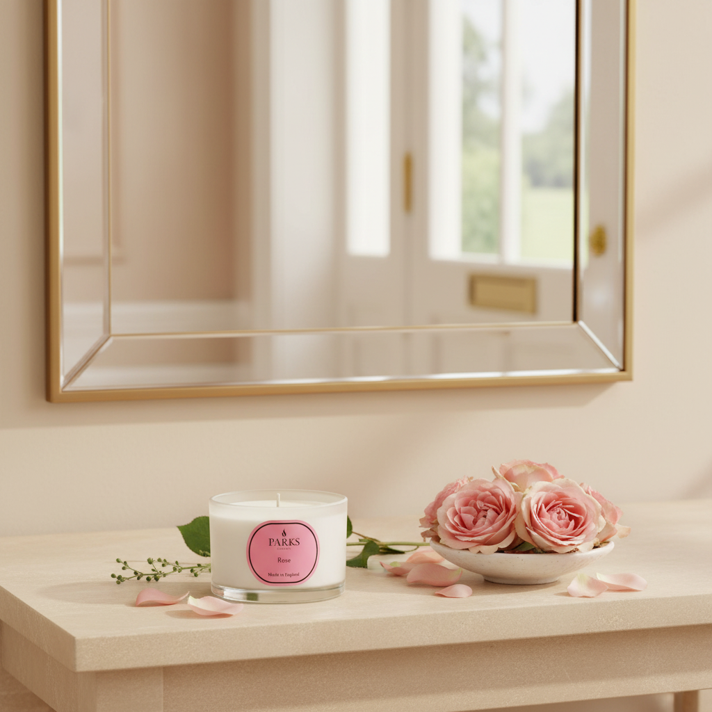 Candle with a pink label and a bowl of pink roses on a wooden surface near a window.