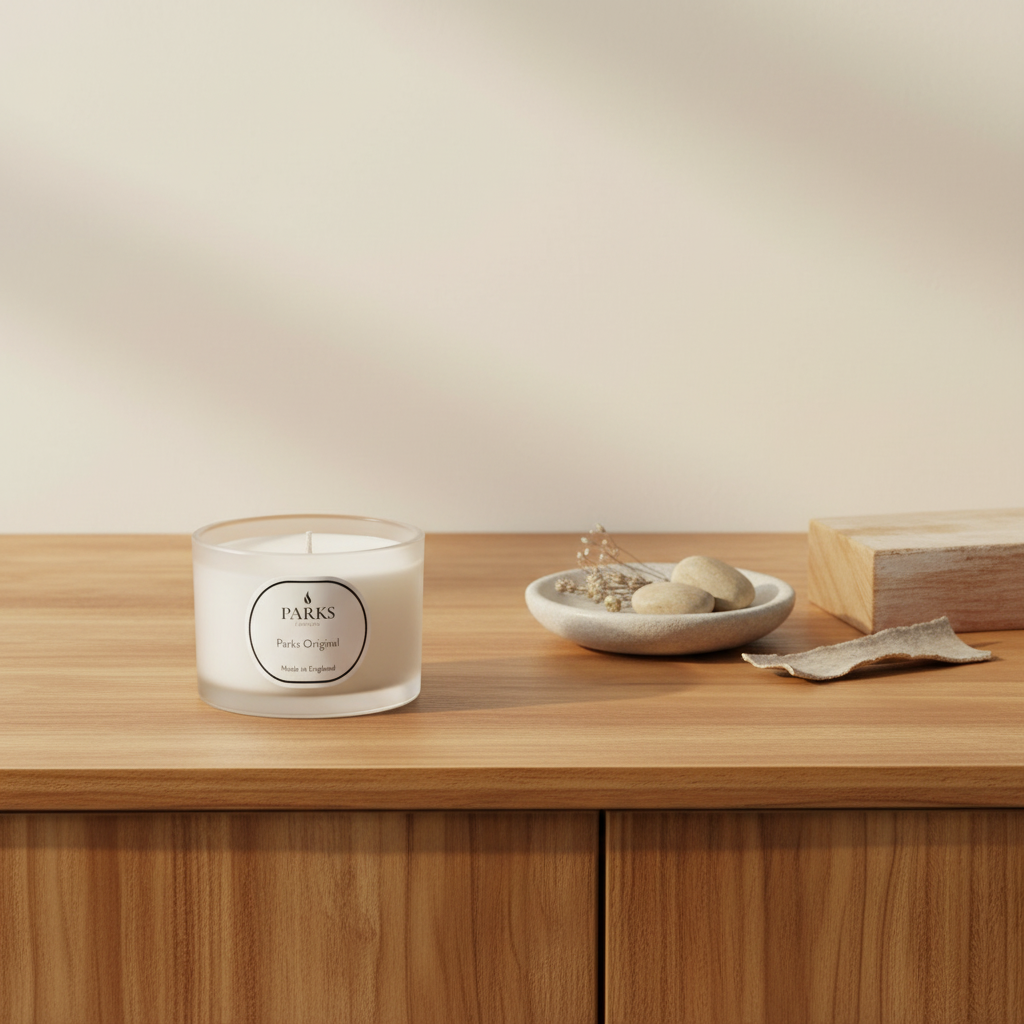 Candle with a label on a wooden surface with a neutral background
