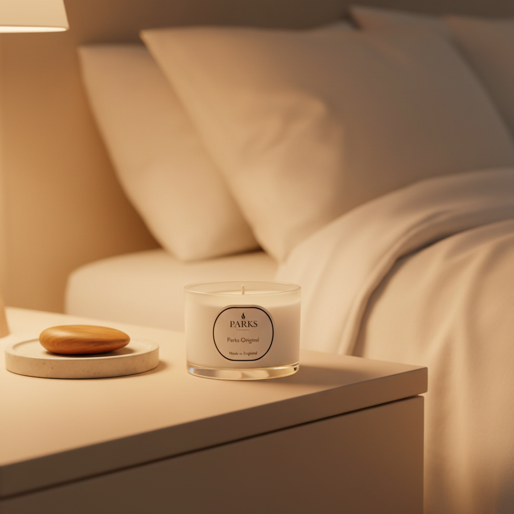 Candle on a nightstand next to a bed with soft lighting