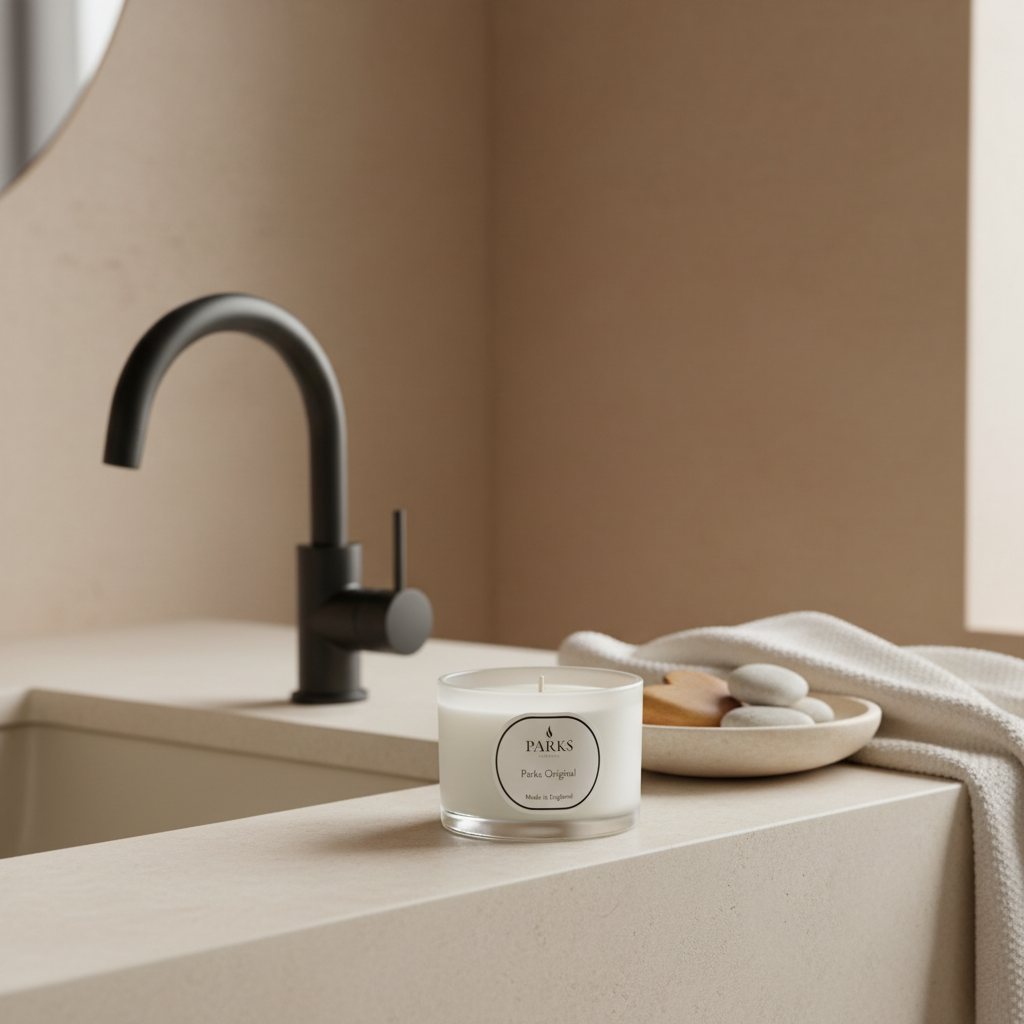 Candle on a kitchen counter with a sink and faucet in the background