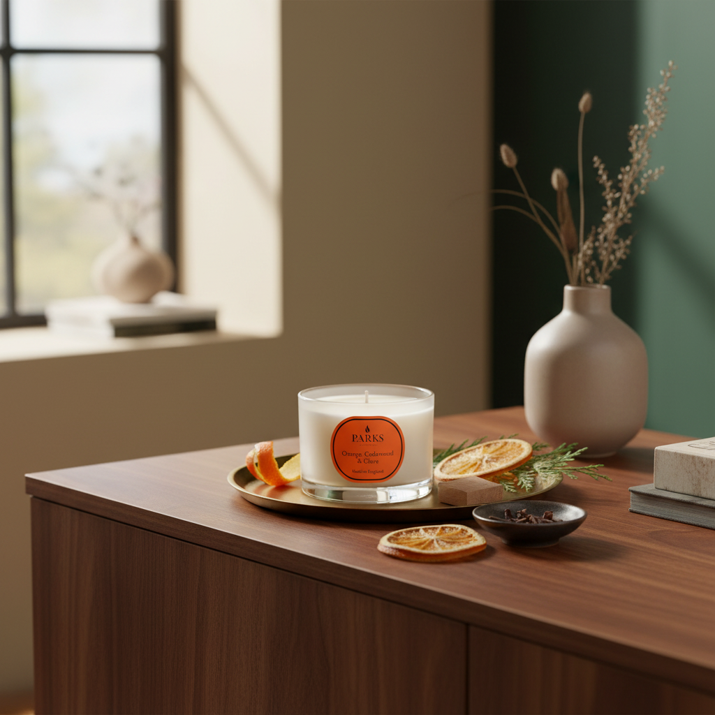 Candle with an orange label on a wooden surface with decorative elements