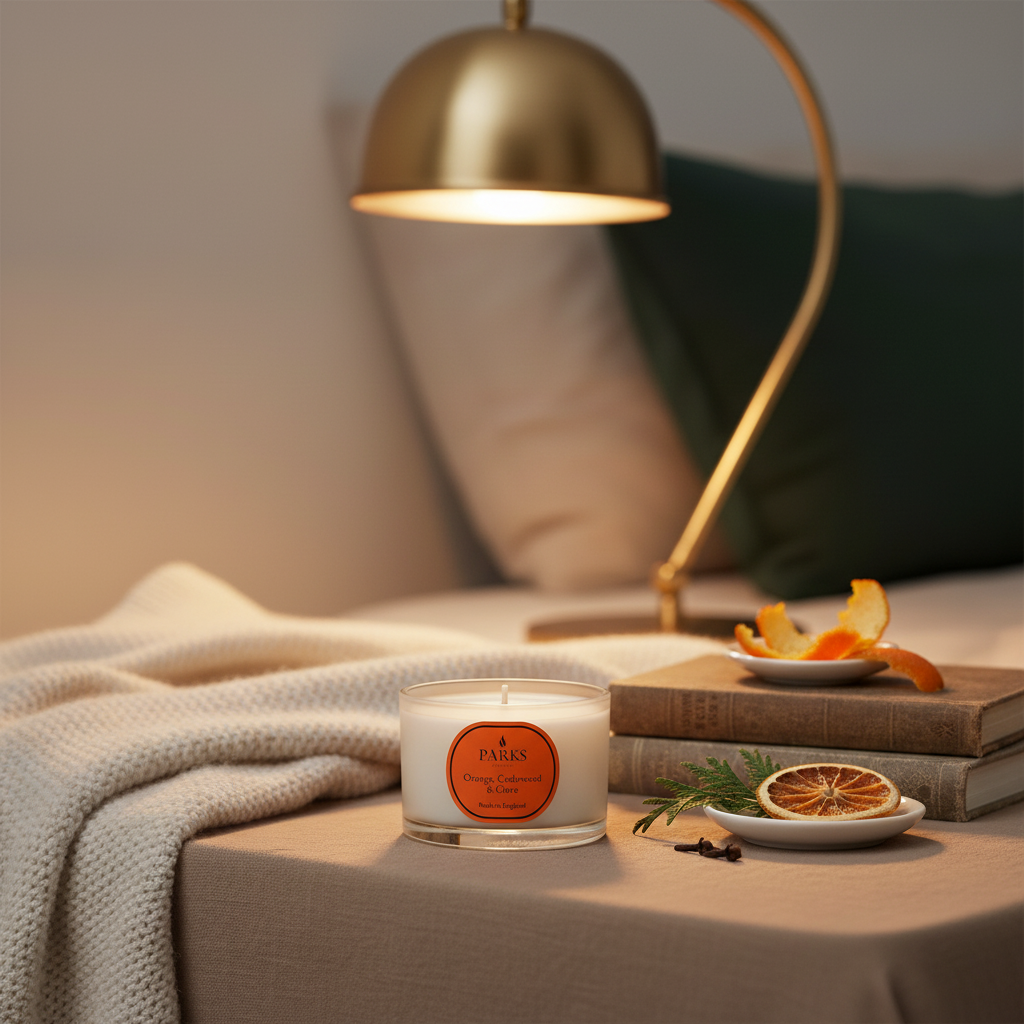 Candle with a decorative label on a table next to books and a small plate with dried oranges, set against a cozy indoor background.