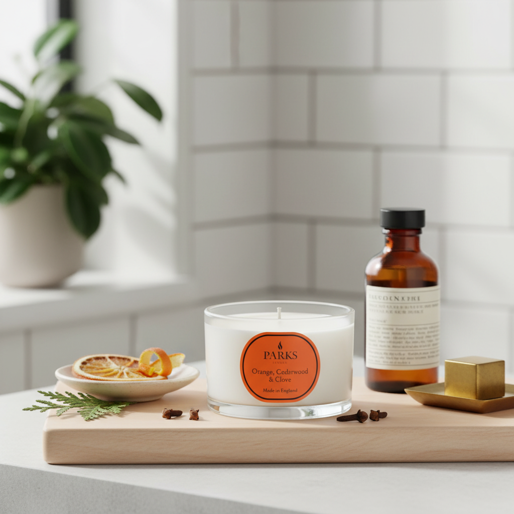 Candle with an orange label and a bottle on a wooden tray against a tiled wall.