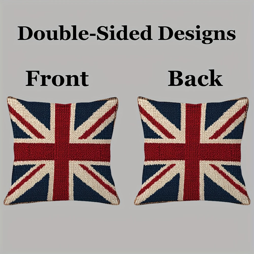 Two pillows showing the front and back designs with a Union Jack pattern on a gray background.