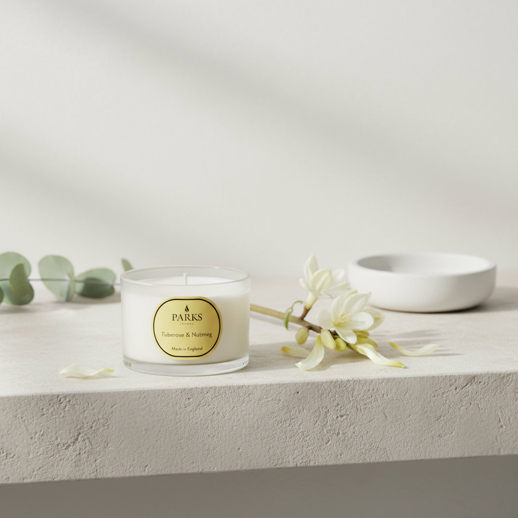 Parks candle on a white surface with flowers and a bowl in the background