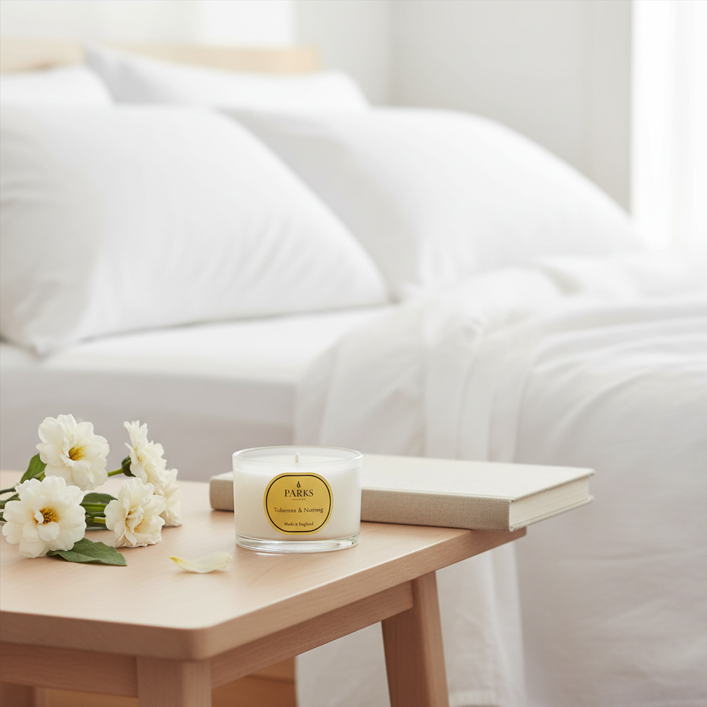 Candle with a book and flowers on a wooden table in front of a white sofa.