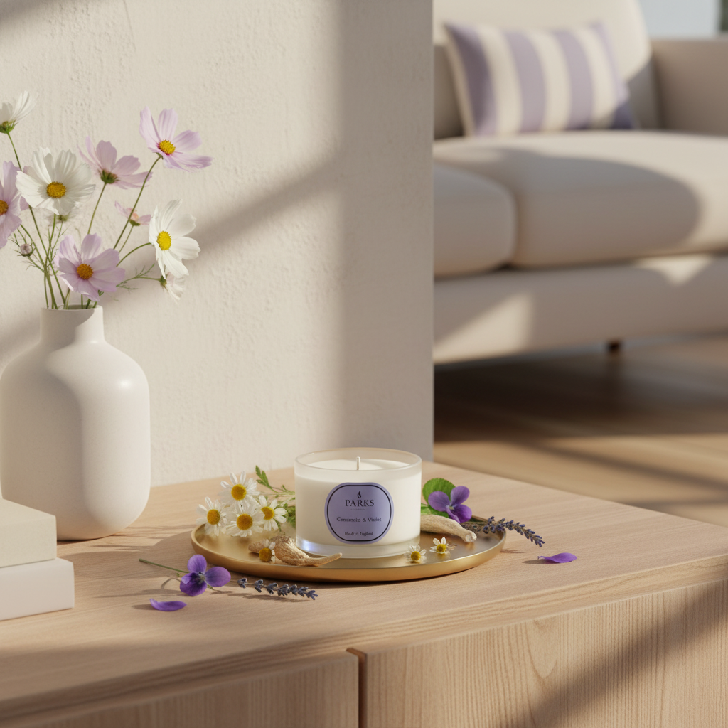 Candle with a purple label on a wooden surface with flowers and a blurred sofa in the background