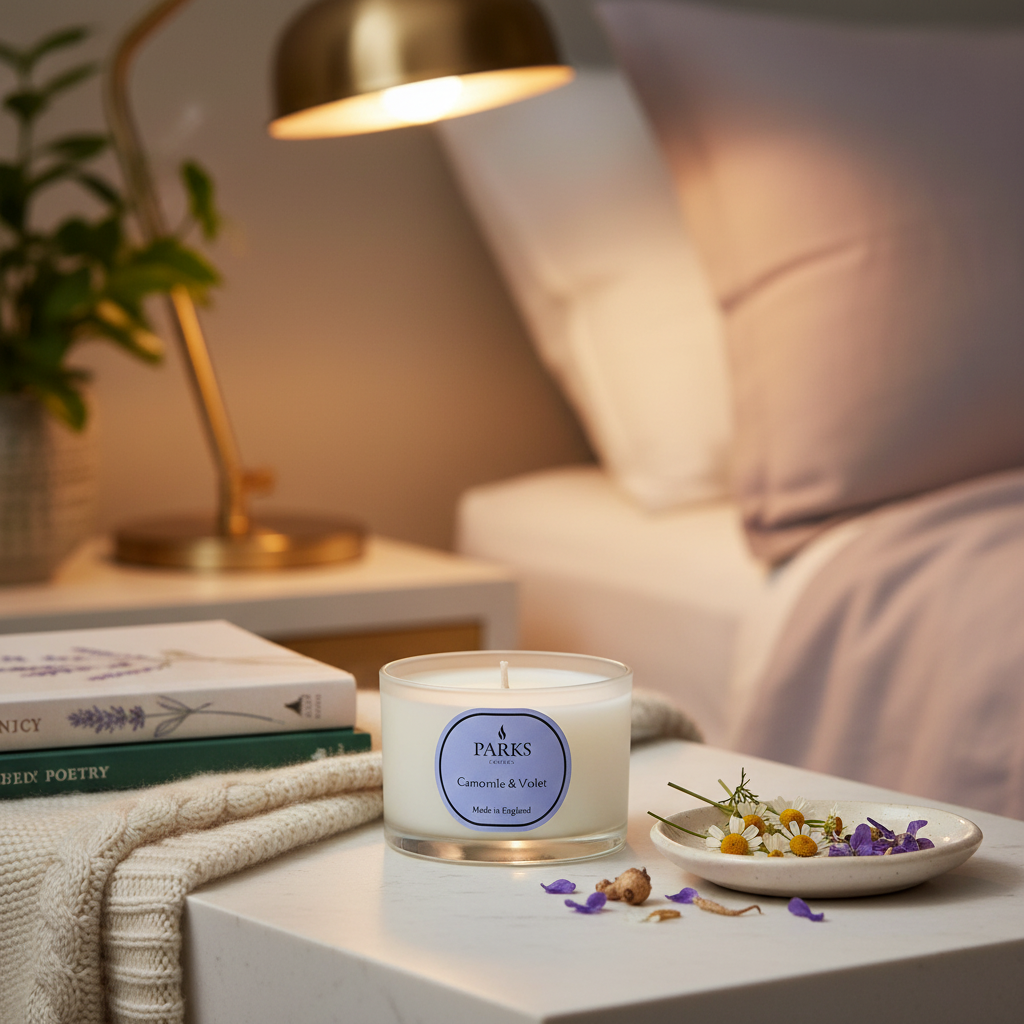 Candle with a 'PARKS' label on a table next to books and a lamp in a cozy room.