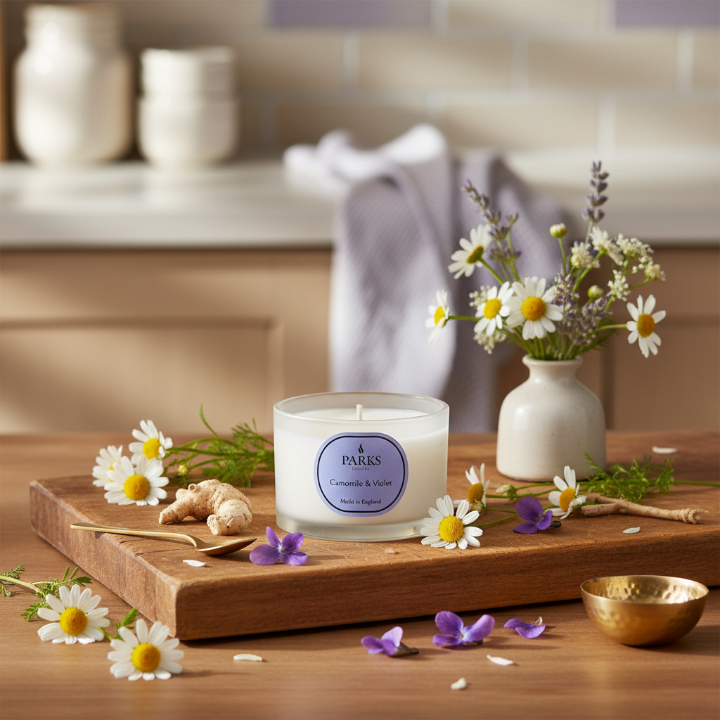 Candle with a visible brand label on a wooden surface with flowers and herbs.