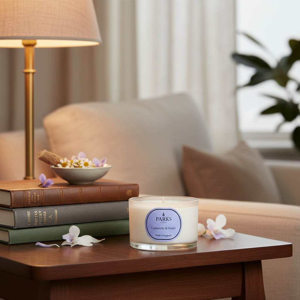 Candle on a table with books and a bowl of flowers in a cozy living room setting.