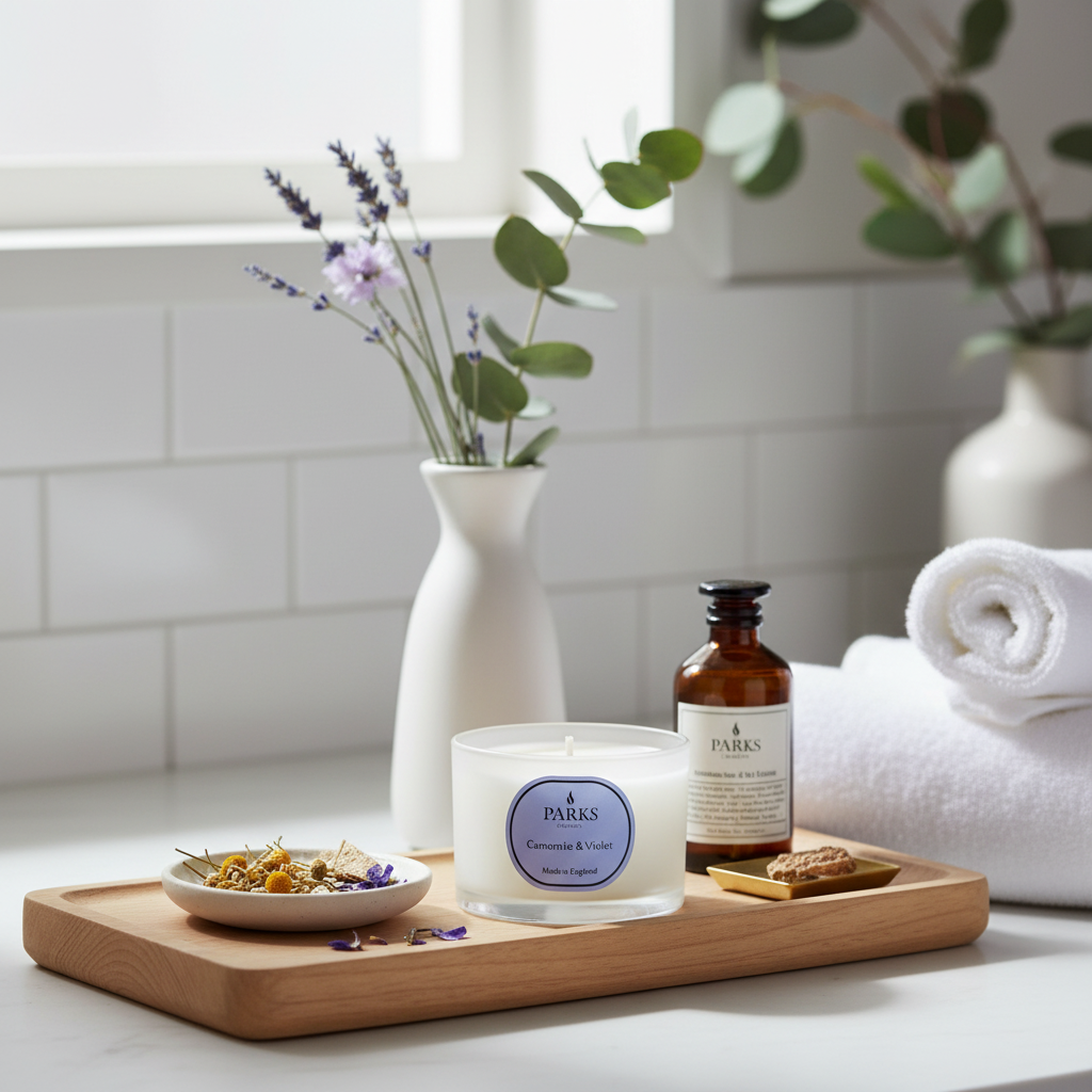 Candle, bottle, and small bowl on a wooden tray with a white tiled wall background