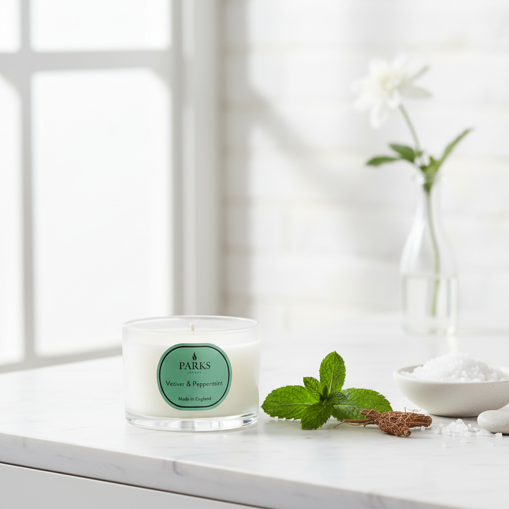 Candle with a green label on a white surface with mint leaves and a vase in the background