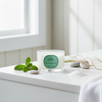 Candle with a green label on a white surface with mint leaves and stones.