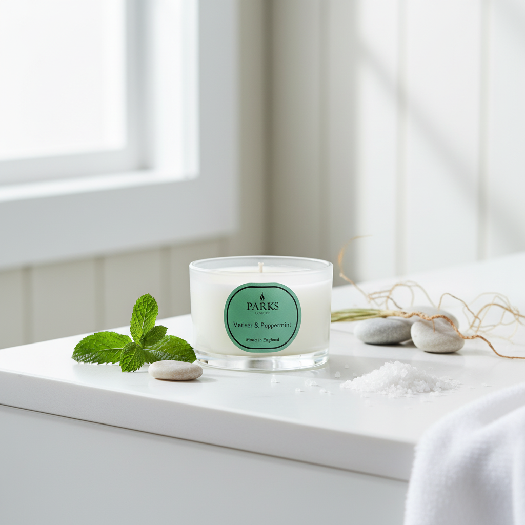 Candle with a green label on a white surface with mint leaves and stones.