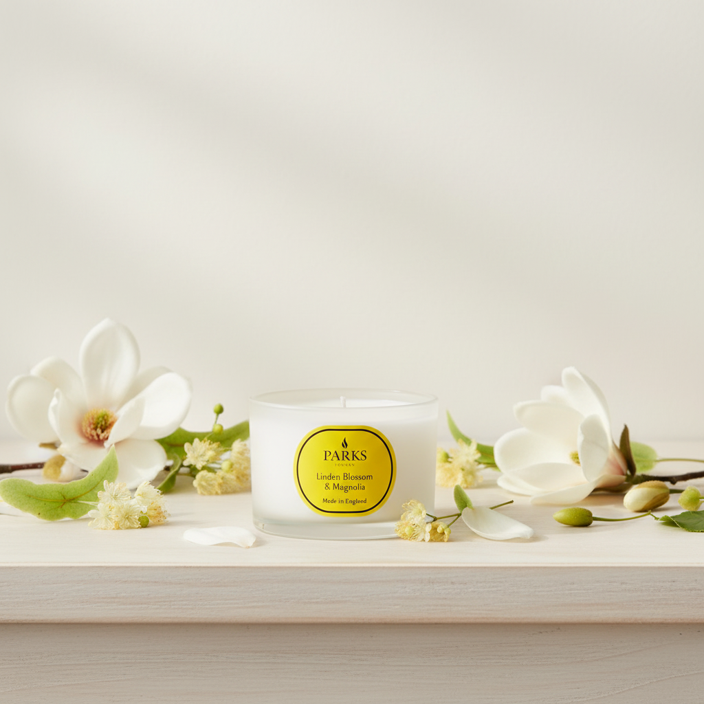 Candle with a 'PARKS' label surrounded by white flowers on a light background
