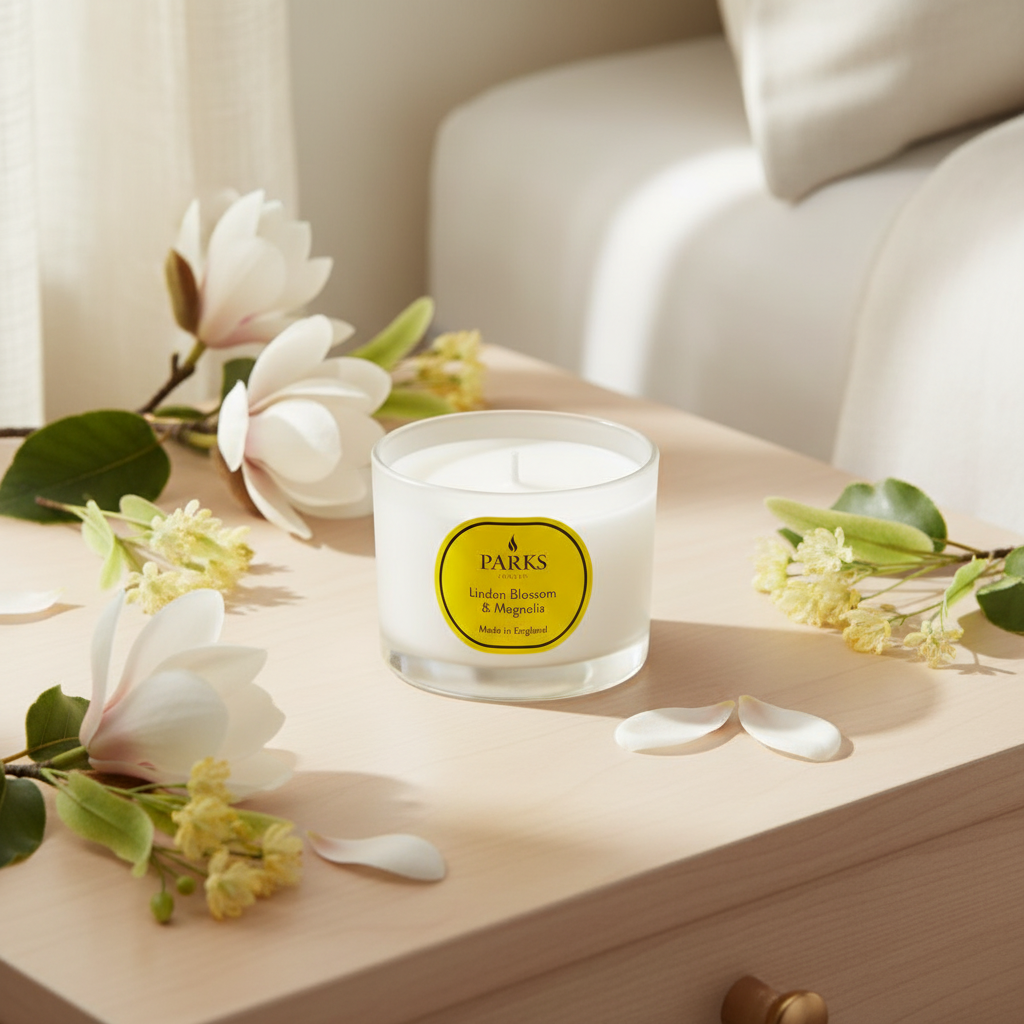 Parks candle with flowers on a wooden surface