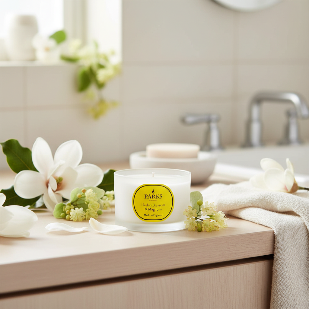 Candle with a label on a bathroom counter with flowers and soap
