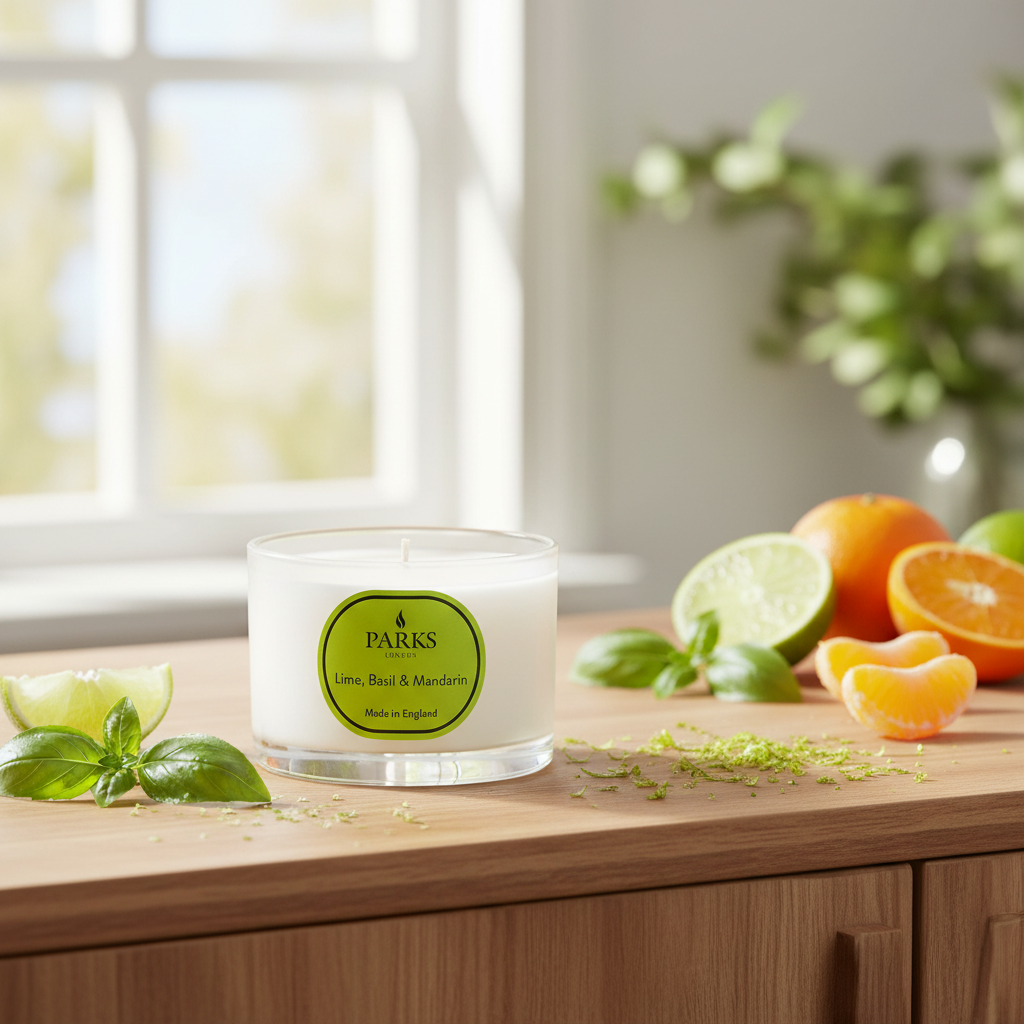 Candle with a 'PARKS' label on a wooden surface with fruits and herbs