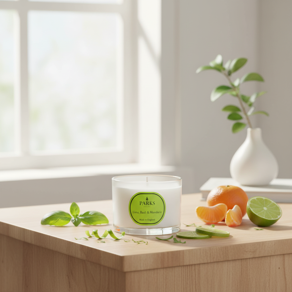 Candle with a green label on a wooden surface with fruits and leaves
