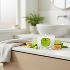 Candle with a green label on a bathroom counter with citrus fruits and a plant in the background