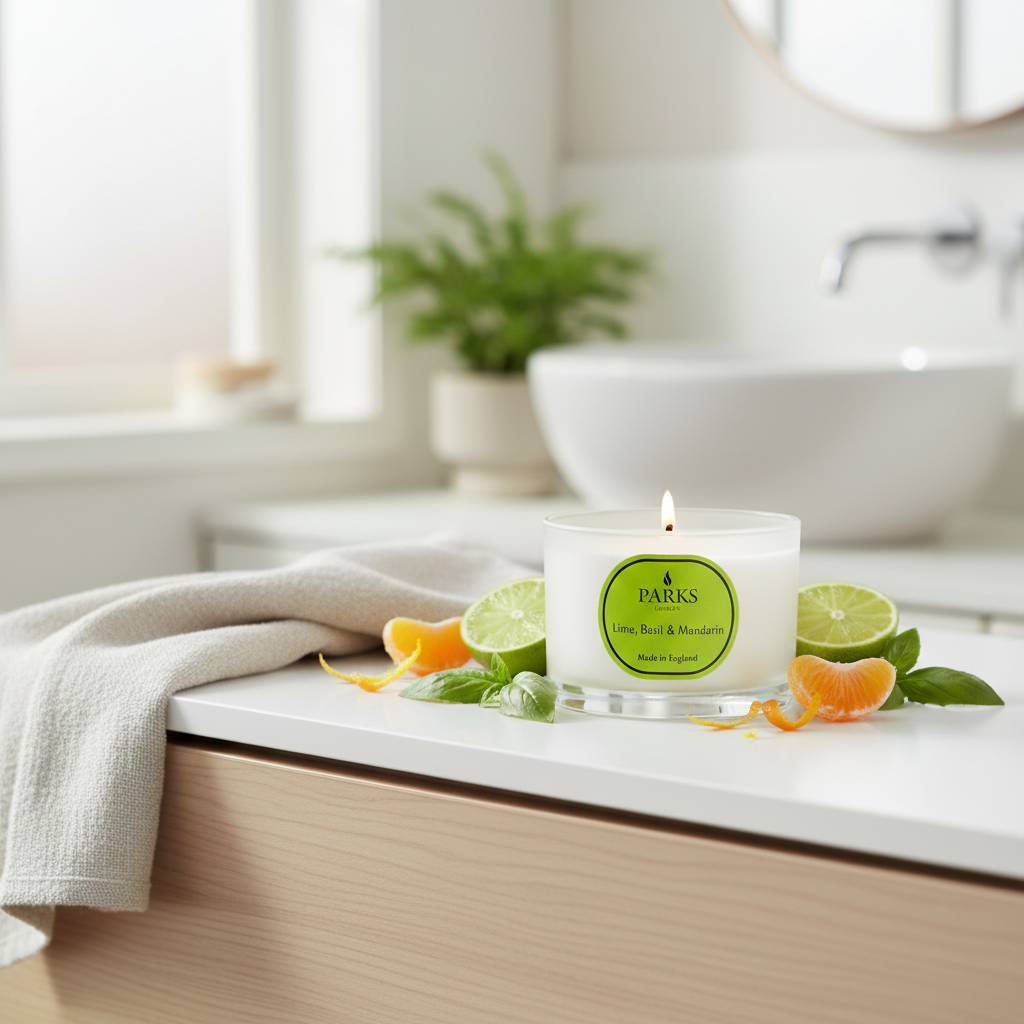 Candle with a green label on a bathroom counter with citrus fruits and a plant in the background