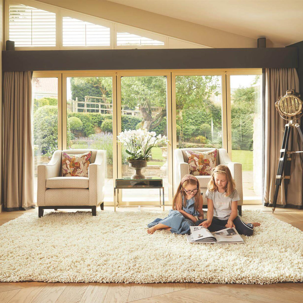 Two children sitting on a white rug in a living room with large windows.