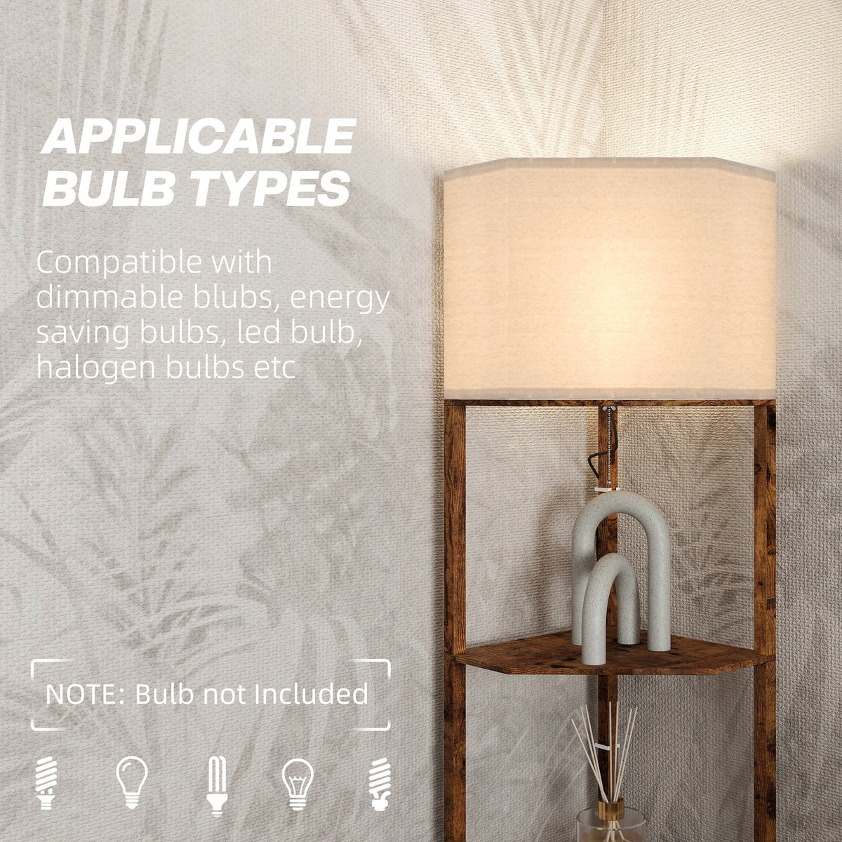 HOMCOM Corner Floor Light, with Shelves - Wood-Effect