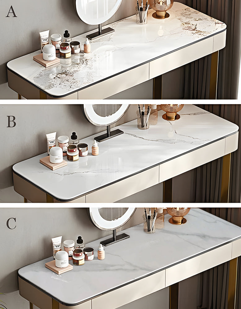 Three views of a white vanity table with cosmetic products on a neutral background