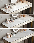 Three views of a white vanity table with cosmetic products on a neutral background