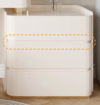 White storage cabinet with two drawers on a wooden floor.