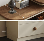 Wooden surface with a Marshall amplifier and measurements, followed by a beige drawer with a wooden knob and measurements.