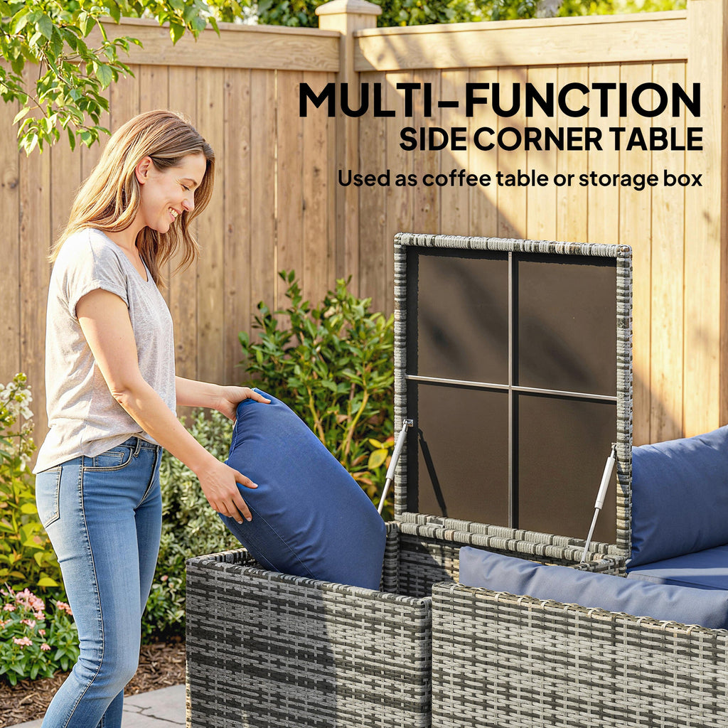 Outsunny 4 Piece Rattan Garden Furniture Set, Outdoor Corner Sofa Set with Storage Table, Loveseats, Cushions - Dark Blue