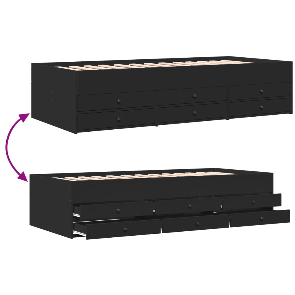 Black bed frame with multiple drawers on a white background