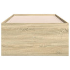 Wooden bed frame with slats on a white background