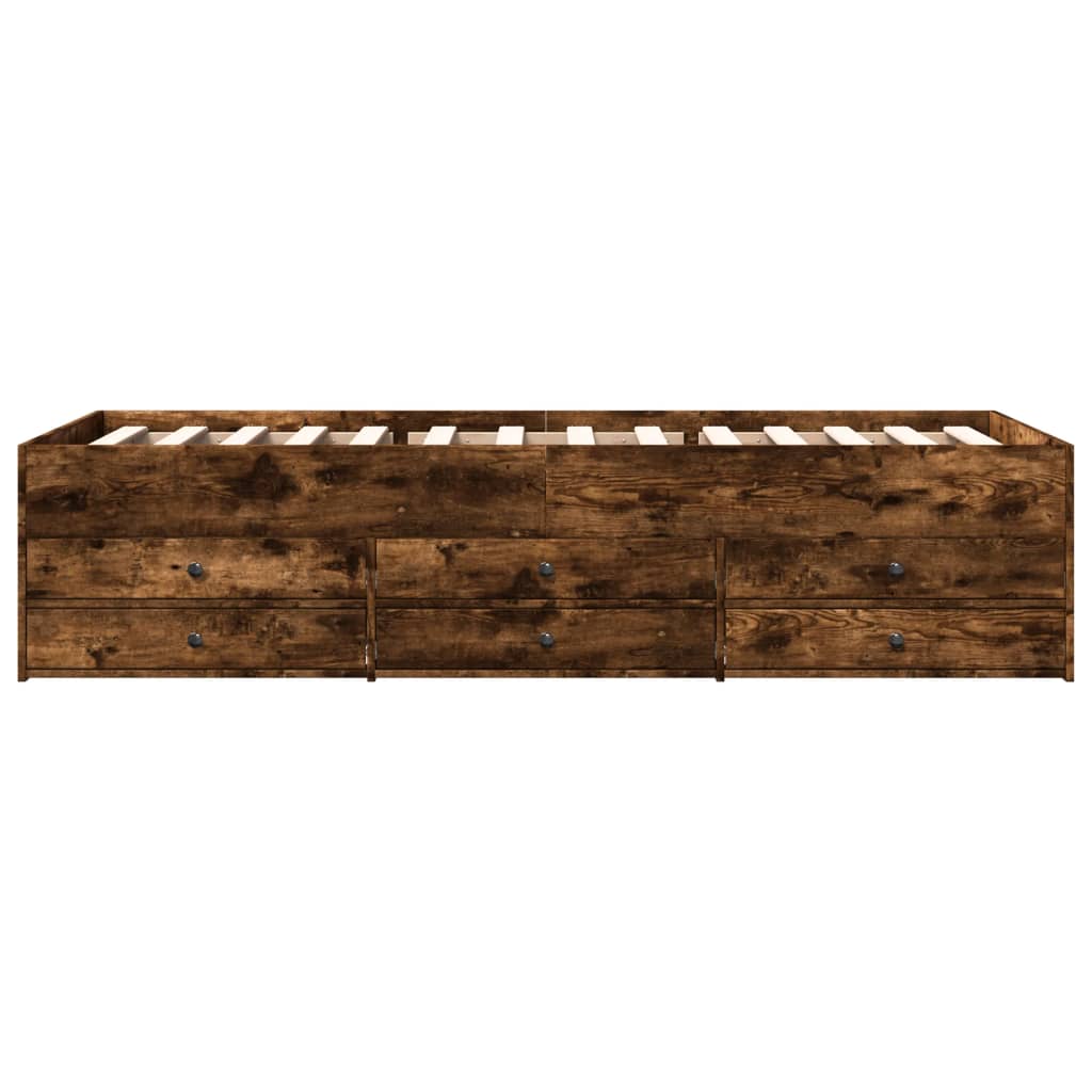 Wooden bed frame with drawers on a white background