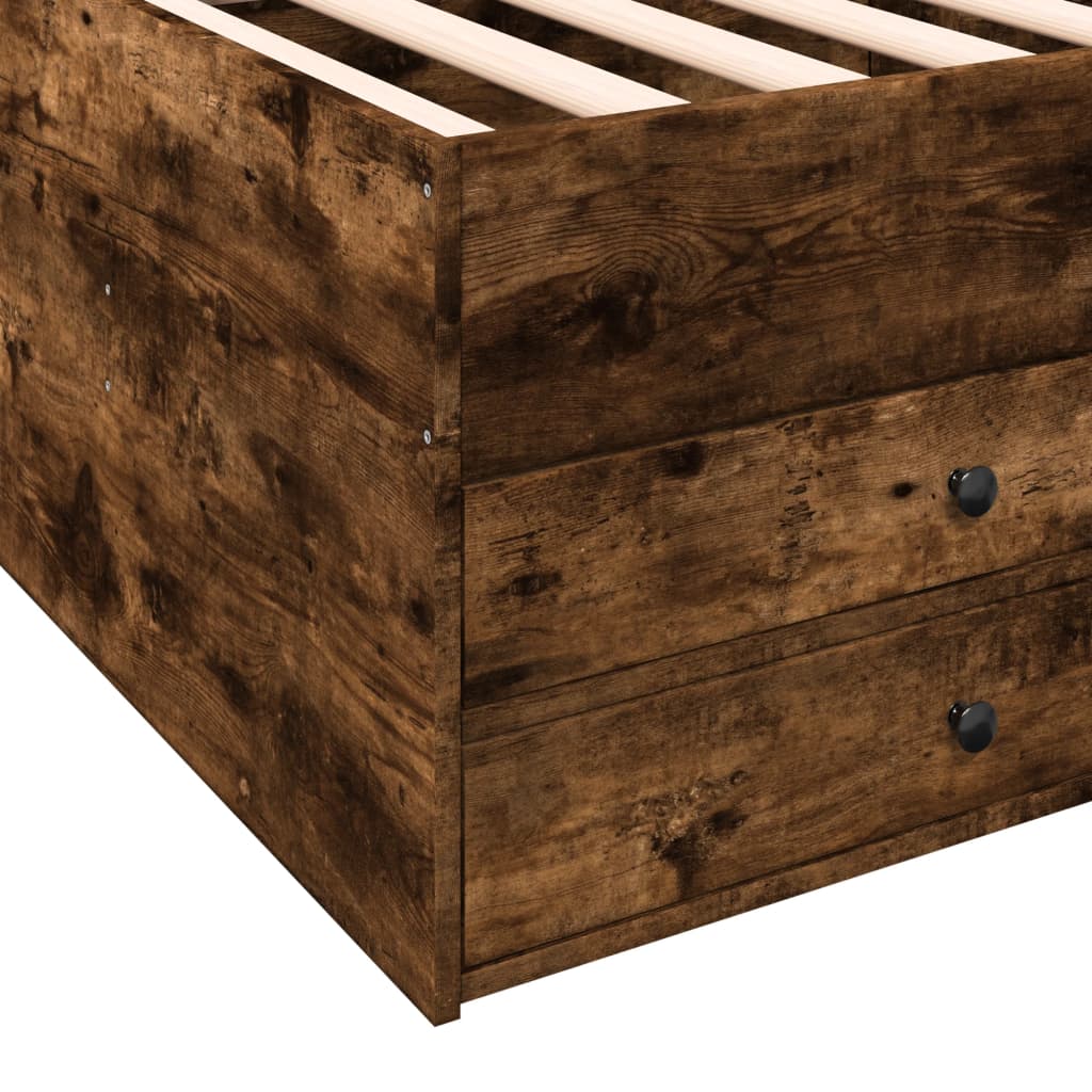 Wooden bed frame with a rustic finish on a white background