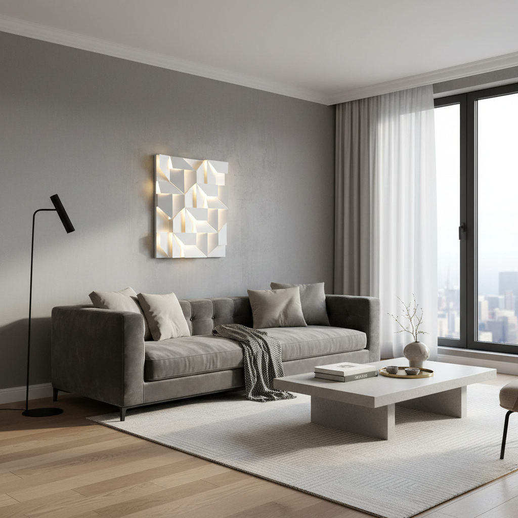 Modern living room with gray sofa, coffee table, and abstract wall art.