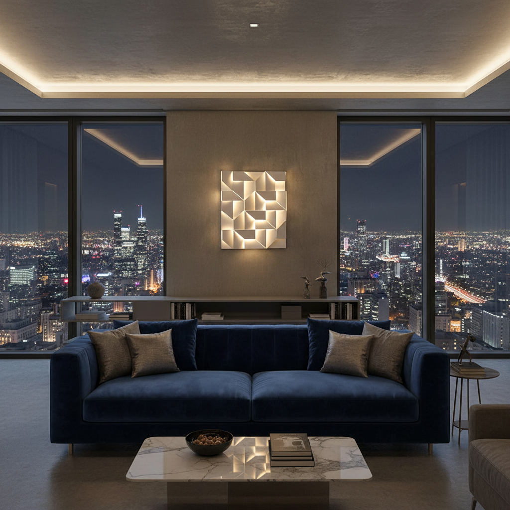 Modern living room with a blue sofa, marble coffee table, and cityscape view.